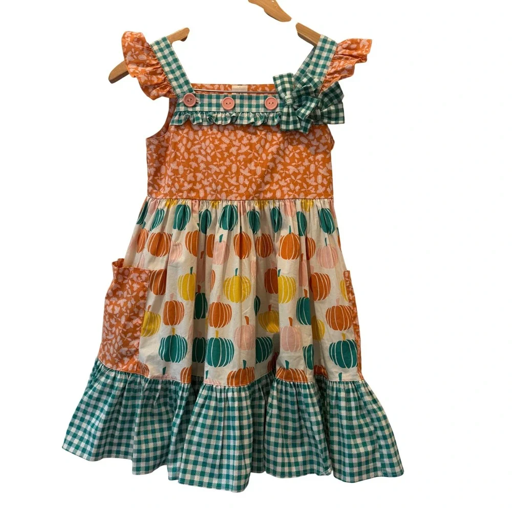 Eleanor Rose Girls Pumpkin Patch Dress Orange Teal Gingham Fall Size 10